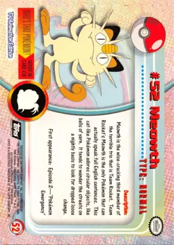 Meowth #52 - BLACK LOGO - TEXTURED HOLO - Series 1 - TOPPS Pokemon Card - NM - Image 2