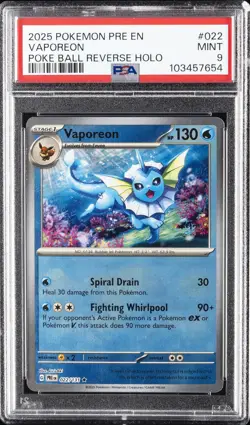 2025 POKEMON PRE EN-PRISMATIC EVOLUTIONS POKE BALL REVERSE HOLO VAPOREON PSA 9 - Image 1