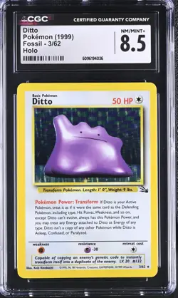 CGC 8.5 Ditto 1999 Fossil 3/62 Holo Pokemon Card - Image 1