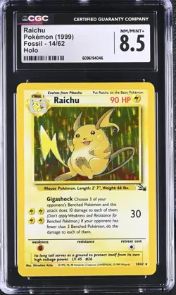 CGC 8.5 Raichu 1999 Fossil 14/62 Holo Pokemon Card - Image 1