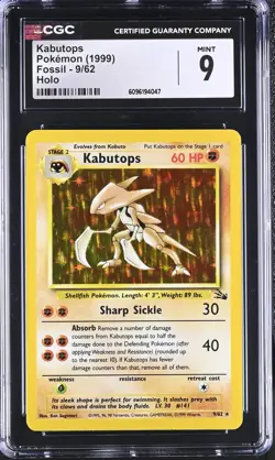 CGC 9 MINT Kabutops 1999 Fossil 9/62 Holo Pokemon Card - Image 1