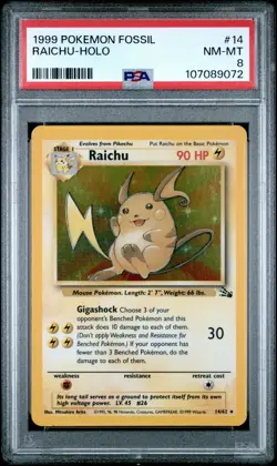 1999 POKEMON FOSSIL #14 RAICHU HOLO PSA 8 NM-MT - Image 1