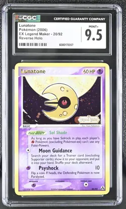 CGC 9.5 Lunatone 2006 EX Legend Maker 20/92 Reverse Holo Stamped Pokemon Card - Image 1