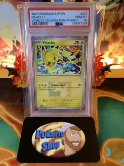 2025 Pokemon Pikachu SVP225 Worlds Celebration Tournament Winner Promo - PSA 10 - Image 1