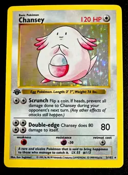 Chansey 1st Edition Holo 3/102 MP Shadowless Base Set Pokemon TCG Moderate Play - Image 1