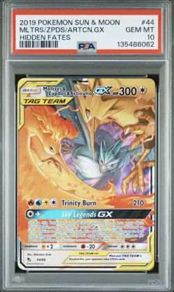2019 POKEMON SUN & MOON HIDDEN FATES #44 MOLTRES & ZAPDOS & ARTICUNO GX PSA 10 - Image 1