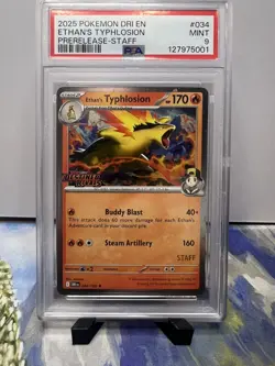 Pokemon Ethan's Typhlosion Destined Rivals STAFF Prerelease Holo Rare #034 PSA 9 - Image 1