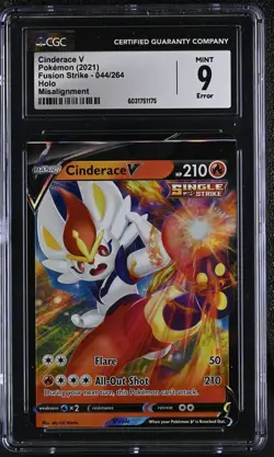 CGC 9 Cinderace V Fusion Strike 044/264 Holo Misalignment Error Pokemon Card - Image 1