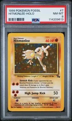 1999 POKEMON FOSSIL #7 HITMONLEE-HOLO PSA 8 - Image 1
