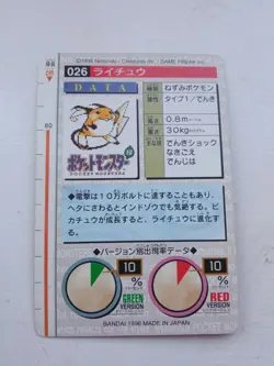 Raichu #026 Pokemon Card Carddass 1996 RED BANDAI Nintendo Japanese - Image 2
