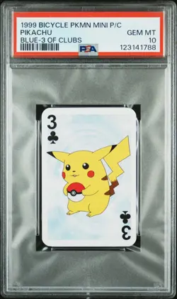 1999 BICYCLE POKEMON MINI PLAYING CARDS BLUE DECK 3 OF CLUBS PIKACHU PSA 10 - Image 1