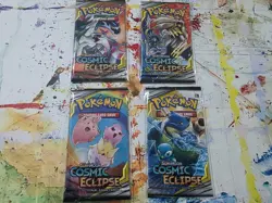 Pokemon TCG Cosmic Eclipse Booster Packs x4 - Complete Art Set w/ Sleeves - Image 1