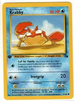 KRABBY 1st Edition Fossil 51/62 Vintage English Pokemon Card 1999 WOTC NM - Image 1