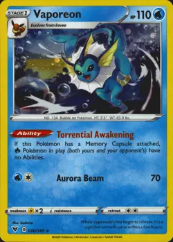 Vaporeon (Cosmos Holo) 030/185 Promo Vivid Voltage Mint Pokemon Card - Image 1