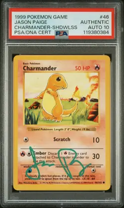 1999 POKEMON BASE SET SHADOWLESS #46 CHARMANDER PSA AUTHENTIC DNA AUTO 10 - Image 1