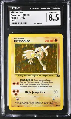 CGC 8.5 Hitmonlee 1999 Fossil 7/62 Holo Pokemon Card - Image 1