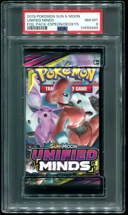 PSA 8 Unified Minds Booster Pack Espeon/Deoxys Artwork Sealed 2019 Pokemon - Image 1