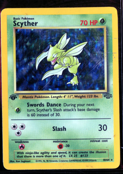 POKEMON CARD HOLO 1ST EDITION SCYTHER 10/64 JUNGLE 1999 WOTC HP/DMG SEE PICS - Image 1