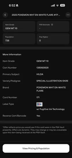Pokemon TCG Hilda Trainer Card White Flare FA Full Art Holo 171/086 PSA 10 - Image 4
