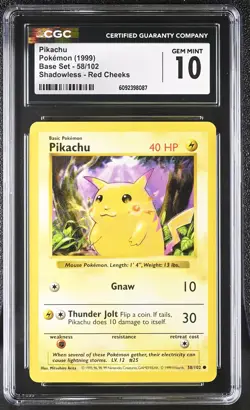 CGC 10 GEM MINT Pikachu 1999 Base Set 58/102 Shadowless Red Cheeks Pokemon Card - Image 1