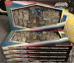 5 x POKEMON PRISMATIC EVOLUTIONS LUCARIO EX/TYRANITAR EX PREMIUM COLLECTION SET - Image 1