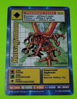 1999 BANDAI DIGIMON KUWAGAMON Bo-13 Card 1st Edition - Image 1