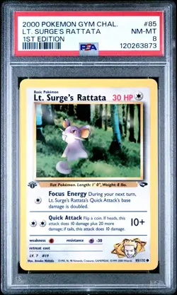 2000 Pokemon Gym Challenge 1st Edition Lt. Surge's Rattata 85/132 PSA 8 - Image 1