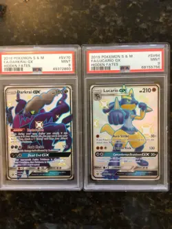 Lucario SV64 and Darkrai SV70 GX PSA 9 2019 Pokemon Sun & Moon Hidden Fates - Image 1