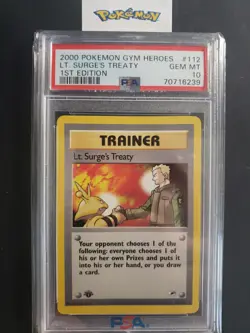 First Edition 2000 Pokemon Gym Heroes 112/132 Lt. Surge's Treaty PSA Gem MT 10 - Image 1