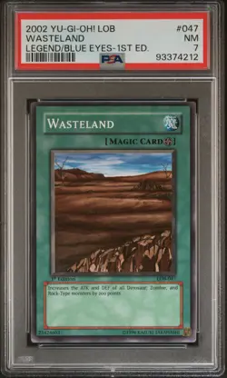 2002 YU-GI-OH! LOB-LEGEND OF BLUE EYES WHITE DRAGON 1ST ED #047 WASTELAND PSA 7 - Image 1