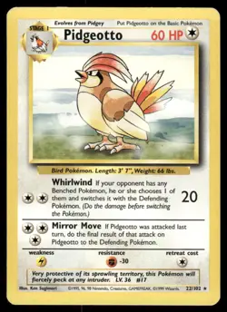 Pokemon Cards Pidgeotto 22/102 UNLIMITED Base Set WOTC Rare LP - Image 1