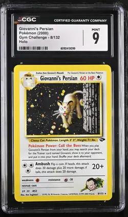 CGC 9 MINT Giovanni's Persian 2000 Gym Challenge 8/132 Holo Pokemon Card - Image 1