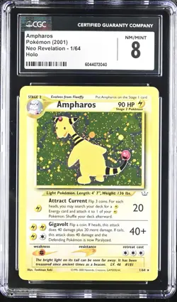 CGC 8 Ampharos 2001 Neo Revelation 1/64 Holo Pokemon Card - Image 1