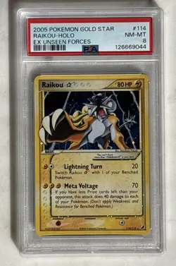 2005 POKEMON EX UNSEEN FORCES GOLD STAR #114 RAIKOU-HOLO PSA 8 - Image 1
