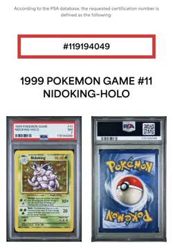 1999 Pokemon Game #11 Nidoking-Holo PSA 7 NM 11/130, Free Shipping - Image 3