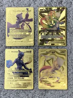 Set of 4 Mewtwo&Mew GX Tag Team & Mewtwo EX,GX Gold Foil Fan Art Collector Card - Image 1