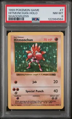PSA 8 NM-MINT POKEMON CARD WOTC 1999 HITMONCHAN BASE SET SHADOWLESS CARD 7/102 - Image 1