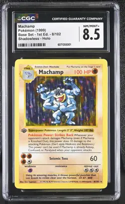 CGC 8.5 Machamp 1999 Base Set 1st Edition 8/102 Shadowless Holo Pokemon Card - Image 1