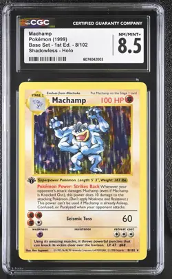 CGC 8.5 Machamp 1999 Base Set 1st Edition 8/102 Shadowless Holo Pokemon Card - Image 1