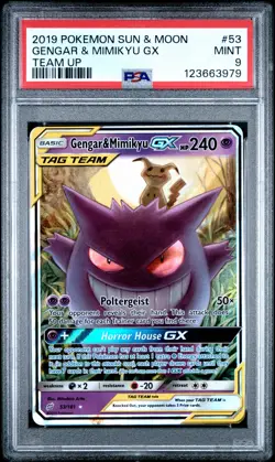 2019 POKEMON SUN & MOON TEAM UP #53 GENGAR & MIMIKYU GX PSA 9 - Image 1