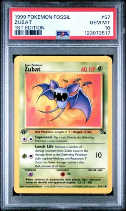 1999 POKEMON FOSSIL 1ST ED #57 ZUBAT PSA 10 - Image 1