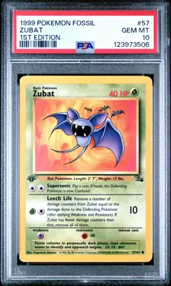1999 POKEMON FOSSIL 1ST ED #57 ZUBAT PSA 10 - Image 1