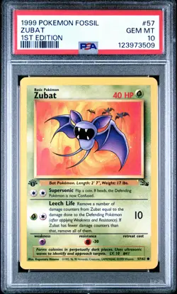 1999 POKEMON FOSSIL 1ST ED #57 ZUBAT PSA 10 - Image 1