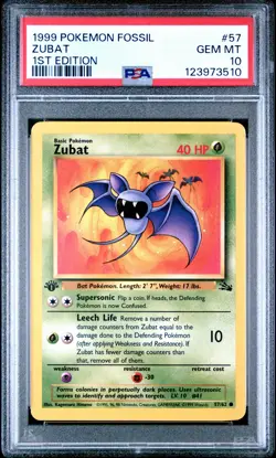 1999 POKEMON FOSSIL 1ST ED #57 ZUBAT PSA 10 - Image 1