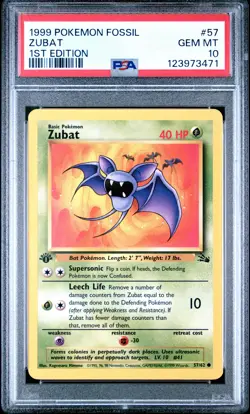 1999 POKEMON FOSSIL 1ST ED #57 ZUBAT PSA 10 - Image 1