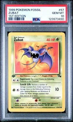 1999 POKEMON FOSSIL 1ST ED #57 ZUBAT PSA 10 - Image 1