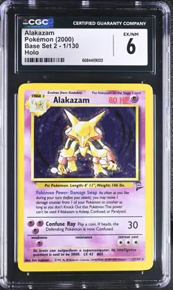 CGC 6 EX/NM Alakazam 1/130 Base Set 2 Holo Rare Pokemon Card 2000 - Image 1