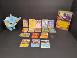Pokemon Card Lot w/ EX GX V VMAX Cards + Vaporeon Plush & Jumbo Mega Latias EX - Image 1