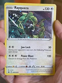POKEMON RAYQUAZA SWSH029 BLACK PROMO STAR COSMOS WITH SWIRL HOLOFOIL NM CARD - Image 1