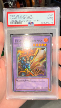 2002 Yu-Gi-Oh LOB Flame Swordsman Legend/Blue Eyes 1st Edition PSA 9 Wavy - Image 2